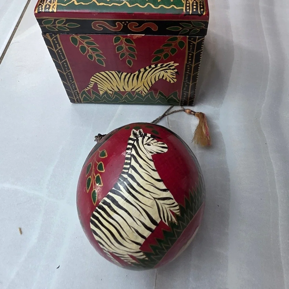 Hand Painted Zebra Wooden Trinket Box and Matching Egg‎ Ornament Set Folk Art S3
